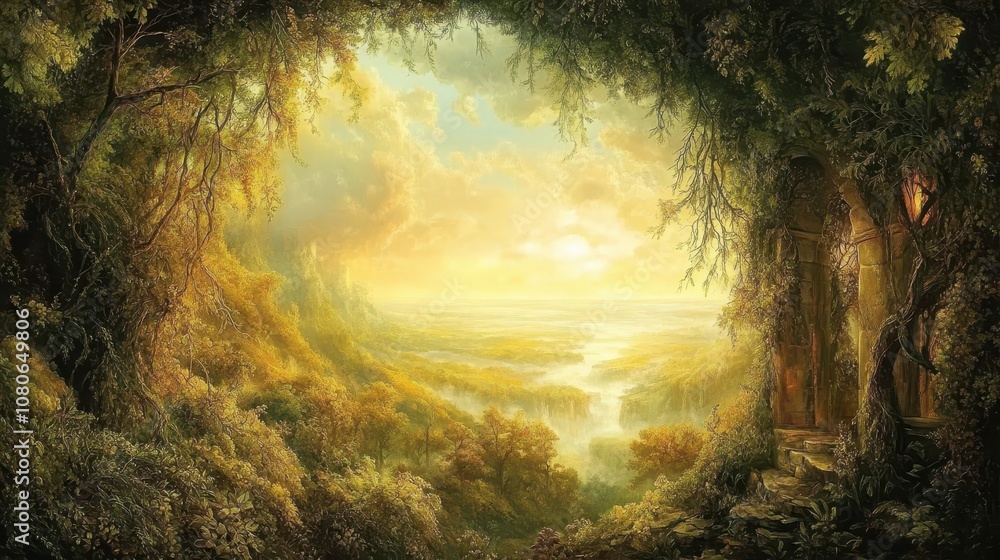 Overgrown vines in golden light with misty emotional Romantic forest views Overgrown vines in golden light with misty emotional Romantic forest views