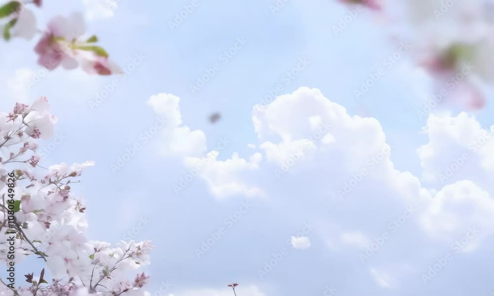 Cherry blossoms against a white-blue cloud background Cherry blossoms against a white-blue cloud background