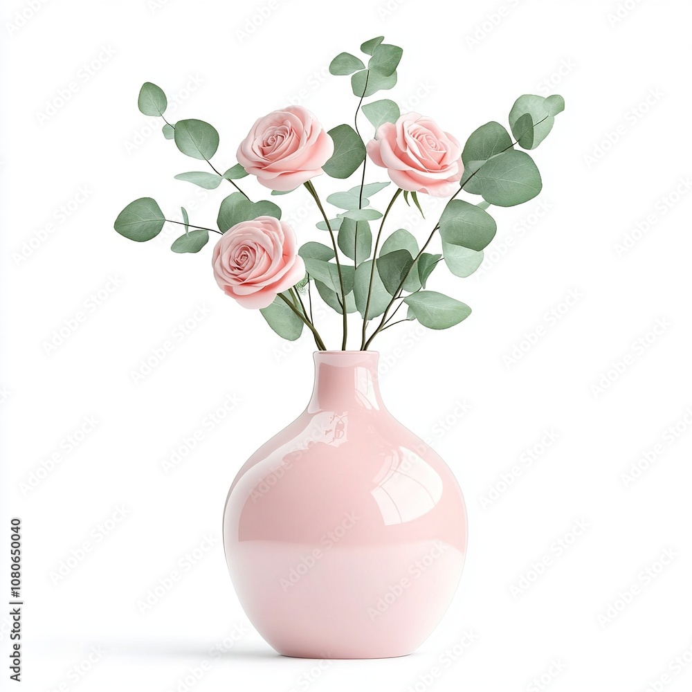 Baby pink ceramic vase with roses and eucalyptus, isolated on a white background Baby pink ceramic vase with roses and eucalyptus, isolated on a white background