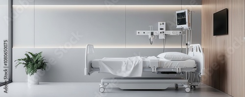 A modern, minimalistic hospital room featuring a medical bed, monitoring equipment, and a potted plant for a calming atmosphere.
