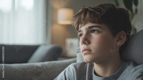 Preteen boy with serious expression sitting on sofa in living room, lost in contemplation, possibly facing emotional challenges or personal issues