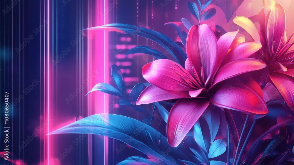 Obraz premium Sleek metallic flowers lit by neon lights in a dynamic Futurist setting