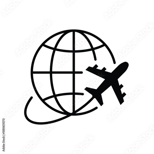 Globe plane icon. Simple solid style. Travel around the world, airplane, world map, globe, round, circle, transportation concept. Black silhouette, glyph symbol. Vector illustration isolated.