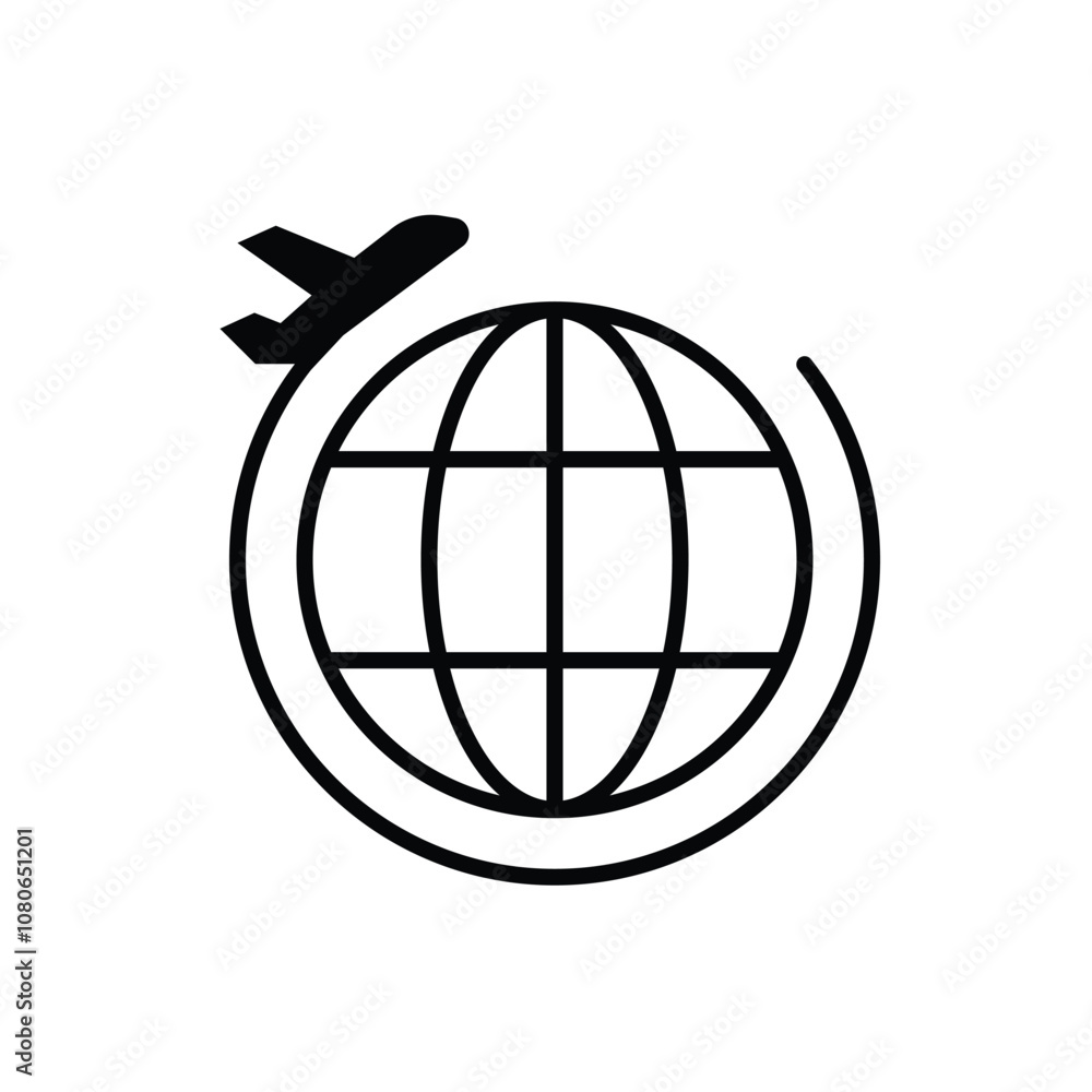 Globe plane icon. Simple solid style. Travel around the world, airplane, world map, globe, round, circle, transportation concept. Black silhouette, glyph symbol. Vector illustration isolated. Globe plane icon. Simple solid style. Travel around the world, airplane, world map, globe, round, circle, transportation concept. Black silhouette, glyph symbol. Vector illustration isolated.