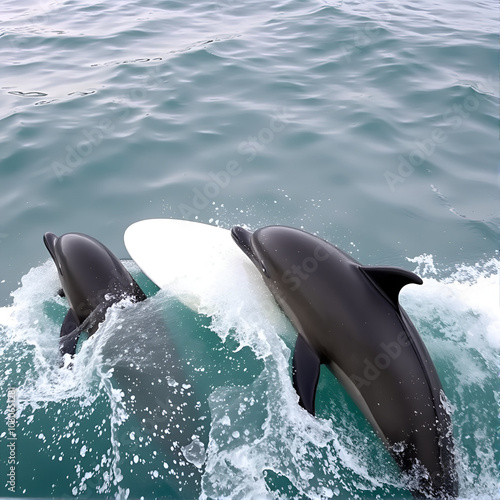 Hectors dolphins, surfing in Porpoise Bay, The Catlins, New Zealand. photo