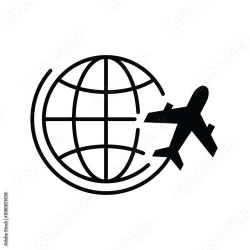 Globe plane icon. Simple solid style. Travel around the world, airplane, world map, globe, round, circle, transportation concept. Black silhouette, glyph symbol. Vector illustration isolated.