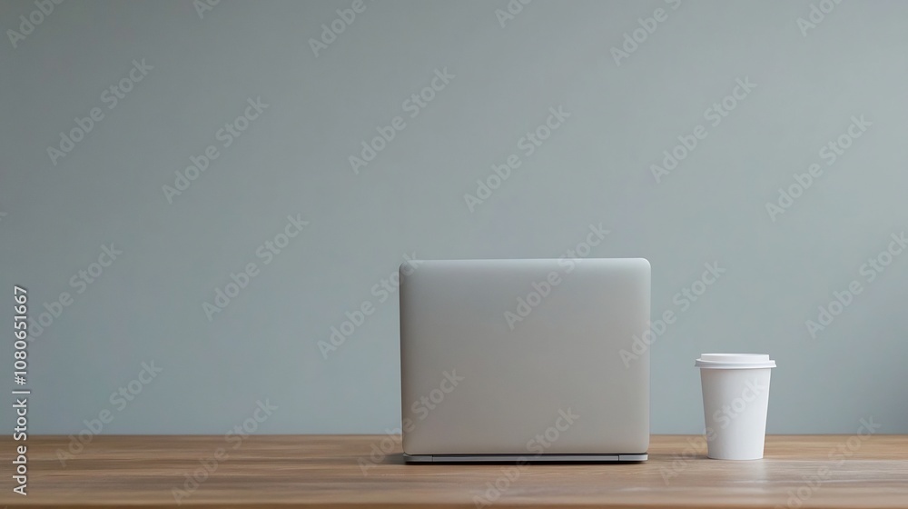 Obraz premium Minimalist Desk Setup with Laptop and Coffee Cup for Cozy Workspace
