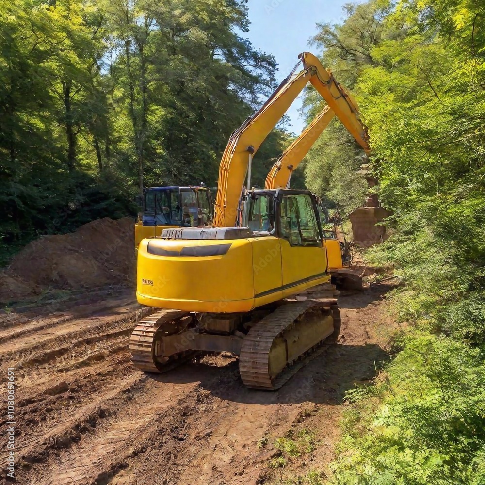 Team of 4 men with heavy machinery doing site clearance of a plot of land with lots of trees and bushes on a sunny day in england Team of 4 men with heavy machinery doing site clearance of a plot of land with lots of trees and bushes on a sunny day in england