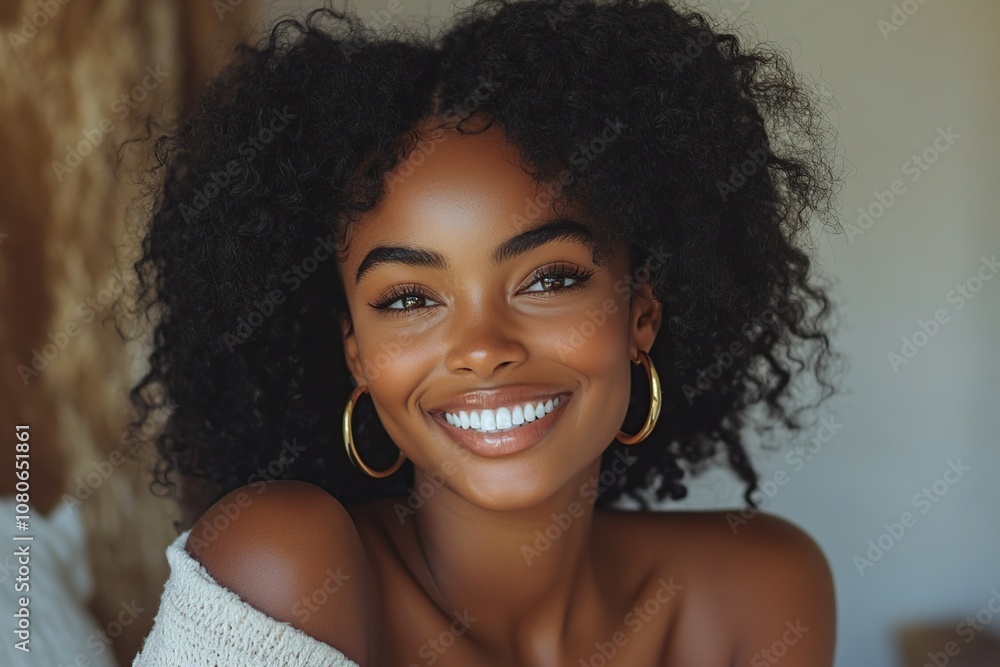 A young woman with dark curly hair smiles broadly at the camera A young woman with dark curly hair smiles broadly at the camera