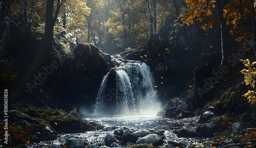 Wallpaper Mural Rippling waterfall in an autumn forest landscape, nature photography Torontodigital.ca