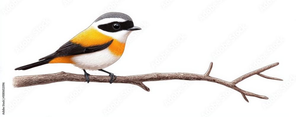Fototapeta premium Bird perched on a branch, white isolate background
