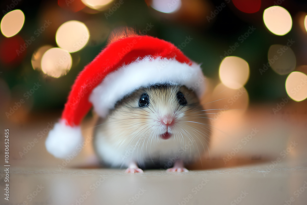 A hamster celebrates Christmas by wearing a Santa hat. A hamster celebrates Christmas by wearing a Santa hat.