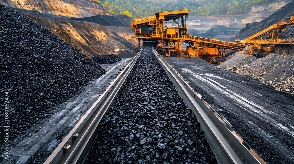 Coal conveyor belt system transporting coal from a mine. Coal conveyor belt system transporting coal from a mine.