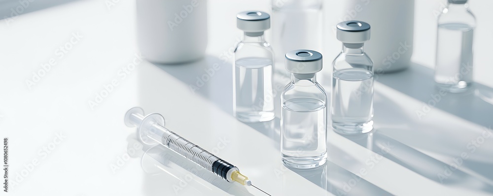 Sterile Syringes and Vials on White Surface - Clinical Environment with Clear Liquid in Syringe and Labeled Vials for Medical Illustration Sterile Syringes and Vials on White Surface - Clinical Environment with Clear Liquid in Syringe and Labeled Vials for Medical Illustration