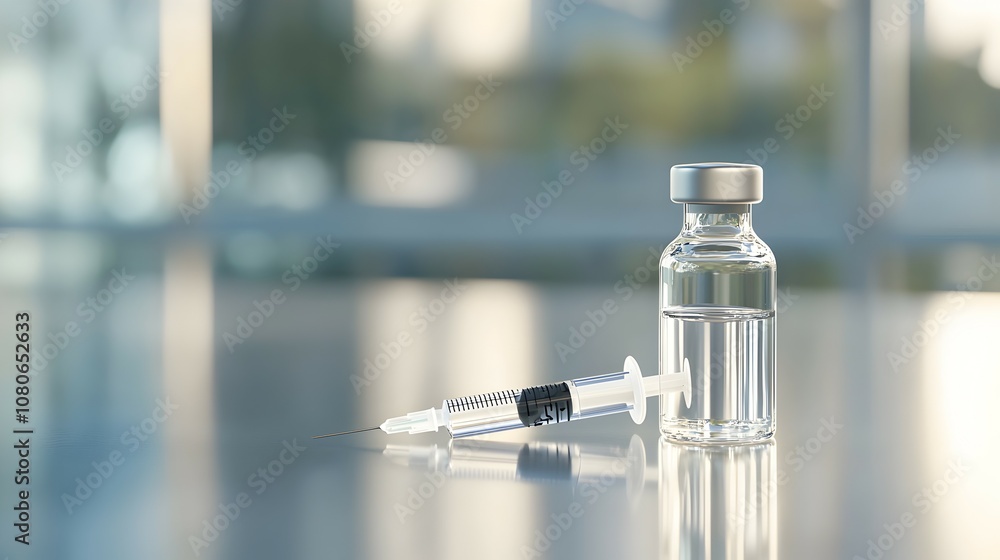 Clinical Close-Up of Syringe and Labeled Vial on Stainless Steel Tray - Captivating Reflections in a Professional Medical Setting Clinical Close-Up of Syringe and Labeled Vial on Stainless Steel Tray - Captivating Reflections in a Professional Medical Setting