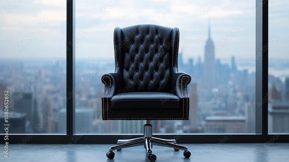 Fototapeta premium Luxury Executive Office with Panoramic City View and Blank Wall for Text
