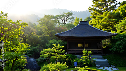 A traditional Japanese teahouse nestled amongst lush greenery, illuminated by the soft glow of morning sunlight.