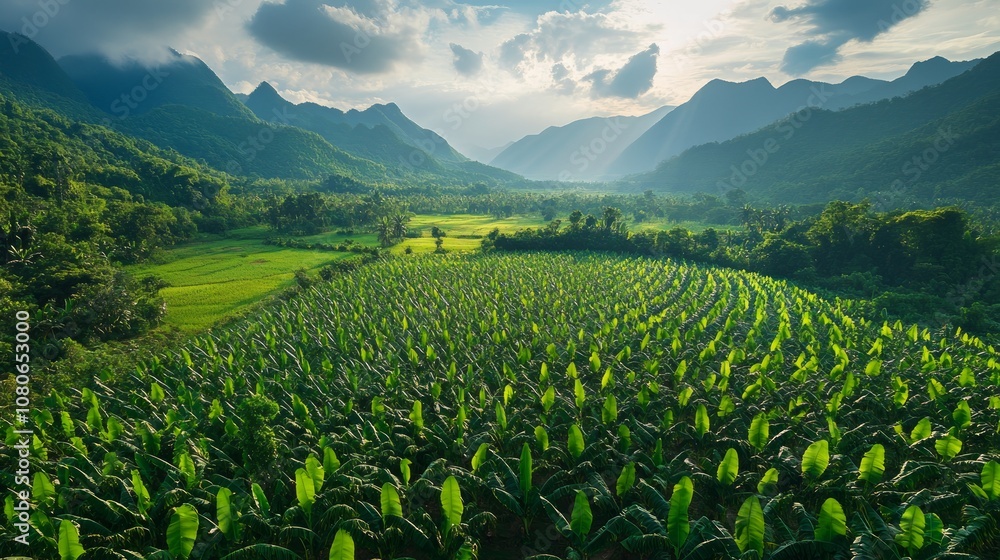 Lush green valley with mountains in the background, illuminated by the setting sun. Lush green valley with mountains in the background, illuminated by the setting sun.