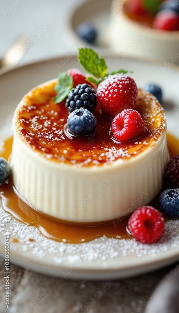 Gourmet crème brûlée with powdered sugar and fresh berries garnish Gourmet crème brûlée with powdered sugar and fresh berries garnish