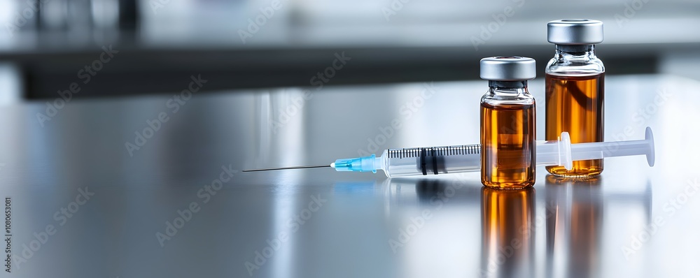 Clinical Syringe and Color-Coded Vials on Stainless Steel Surface - Clean and Clear Medical Setup with Soft Shadows for Healthcare and Pharmaceutical Use Clinical Syringe and Color-Coded Vials on Stainless Steel Surface - Clean and Clear Medical Setup with Soft Shadows for Healthcare and Pharmaceutical Use