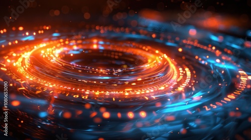 Abstract glowing blue and orange ring with bokeh lights.