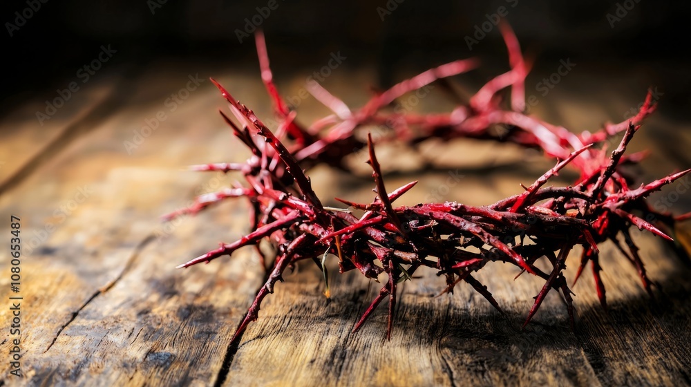 A detailed close-up of a crown of thorns resting on a rustic wooden surface, symbolizing suffering and sacrifice in a religious context A detailed close-up of a crown of thorns resting on a rustic wooden surface, symbolizing suffering and sacrifice in a religious context