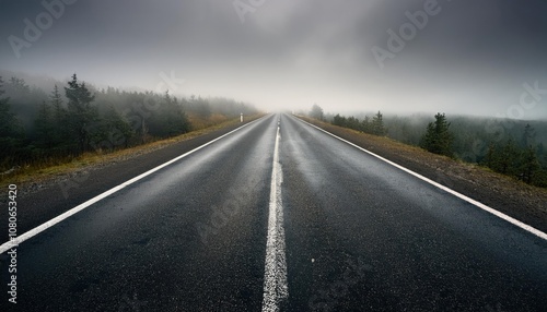 A long, empty road stretching into a foggy distance