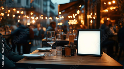 Wallpaper Mural Outdoor restaurant setting at night with empty table, illuminated by warm string lights, featuring glassware, condiments, napkin, and a blank framed menu on a wooden table. Torontodigital.ca