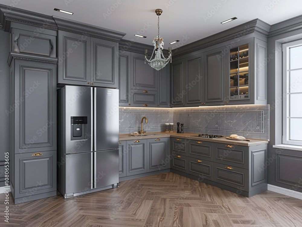 Fototapeta premium A modern kitchen with the neoclassical design style. The kitchen is well-lit and has a clean, minimalist design. 