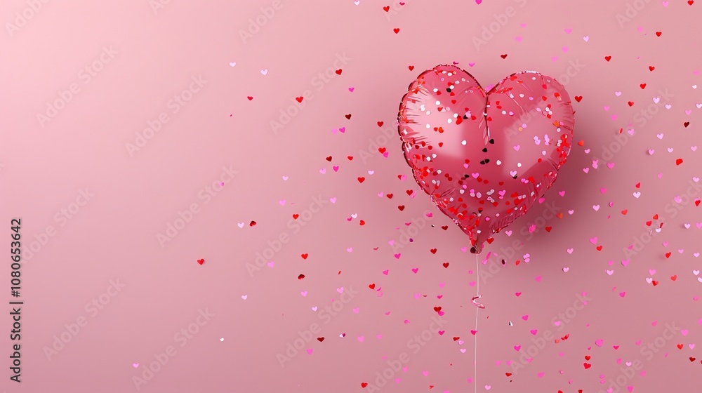 Heart-shaped balloon and confetti on a pink background for Valentine's Day celebration. Heart-shaped balloon and confetti on a pink background for Valentine's Day celebration.