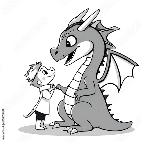 Visual of a dragon whispering to a child flat design side view secret sharer theme cartoon drawing Monochromatic Color Scheme photo