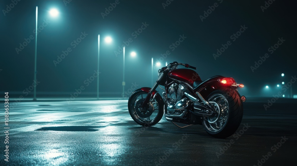 Red and silver sport bike under soft streetlight asphalt clean and shiny reflections stand out in still night setting Red and silver sport bike under soft streetlight asphalt clean and shiny reflections stand out in still night setting