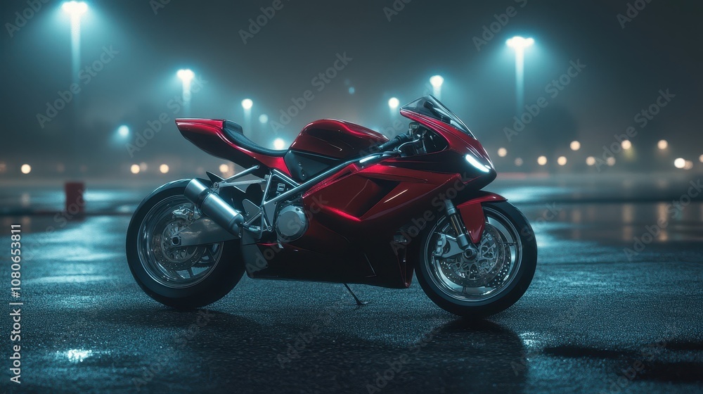 Dark red bike in parking lot at night streetlights illuminate chrome highlights smooth reflections on clean asphalt Dark red bike in parking lot at night streetlights illuminate chrome highlights smooth reflections on clean asphalt