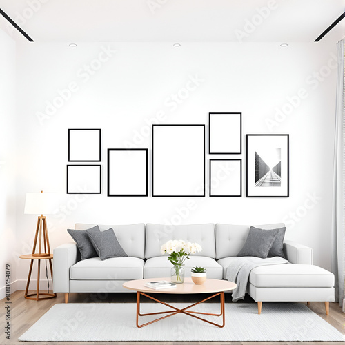 sleek interior with sofa set and decoration with the frames on the wall isolated  and lamp set ted on the white background with bedroom and table photo