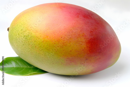 A ripe mango with a green leaf in the foreground, isolated on a white background. photo