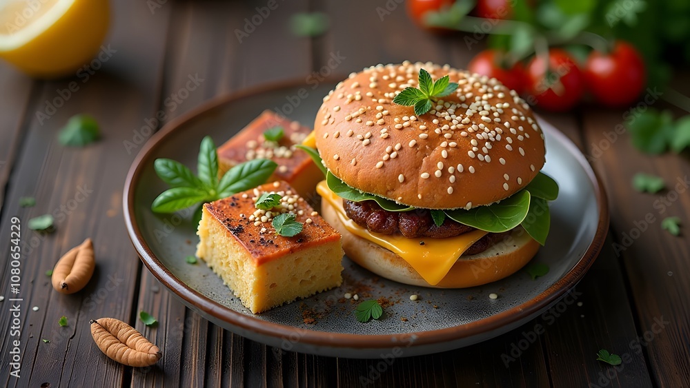 A mouthwatering, delicious burger served alongside a side cake on a beautifully rustic plate A mouthwatering, delicious burger served alongside a side cake on a beautifully rustic plate