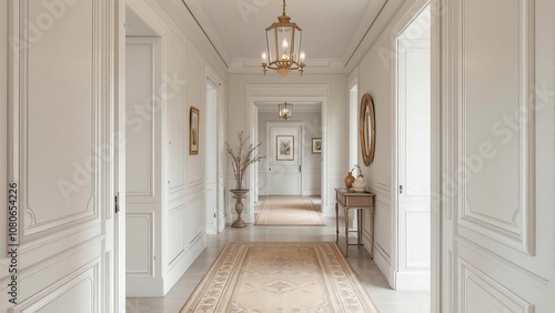 Luxury hallway interior with chandeliers, elegant design in bright white hallway, modern architecture, stylish corridor, luxurious home decor