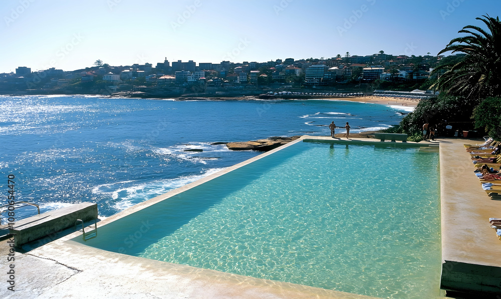 A refreshing infinity pool overlooking the ocean with people relaxing on deck chairs. A refreshing infinity pool overlooking the ocean with people relaxing on deck chairs.