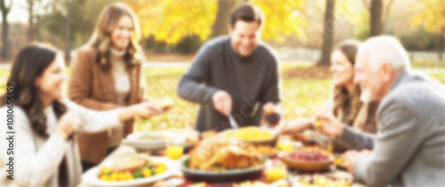 Blurred background of a family enjoying a traditional Thanksgiving turkey dinner outdoors, surrounded by pumpkins and fall decorations, thanksgiving day, food sharing