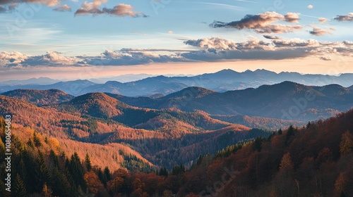 Panoramic view of rolling hills with colorful autumn foliage under a clear blue sky with white clouds.