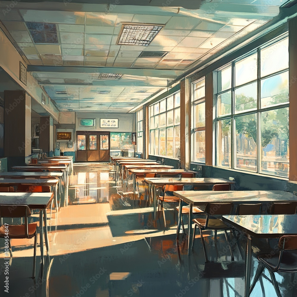 Empty School Cafeteria with Sunlight Streaming Through Windows Empty School Cafeteria with Sunlight Streaming Through Windows