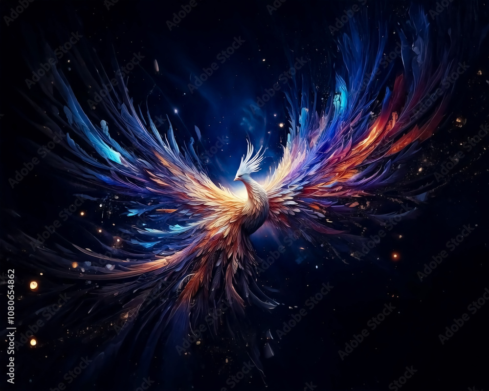 Phénix majestueux, symbole de renaissance, résilience, et transformation. Ce mythique oiseau de feu aux ailes déployées présente un plumage spectaculaire avec des couleurs intenses. Phénix majestueux, symbole de renaissance, résilience, et transformation. Ce mythique oiseau de feu aux ailes déployées présente un plumage spectaculaire avec des couleurs intenses.
