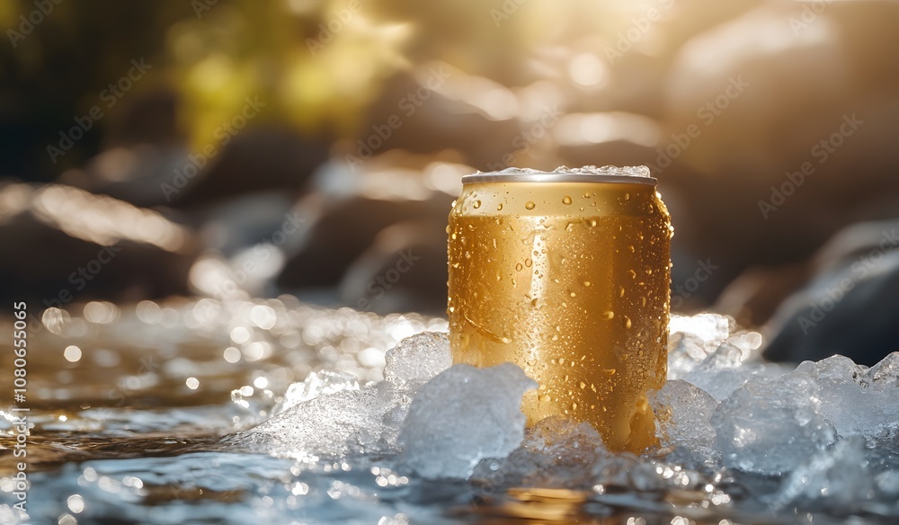 custom made wallpaper toronto digitalA golden beer can in an ice bucket, close-up shot, outdoor scene, blurred background, depth of field effect, commercial photography style,