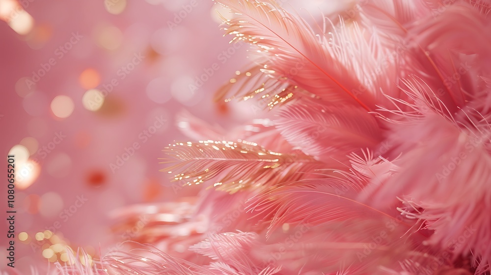A close-up of soft pink feathers with golden accents, creating a whimsical and elegant aesthetic. A close-up of soft pink feathers with golden accents, creating a whimsical and elegant aesthetic.