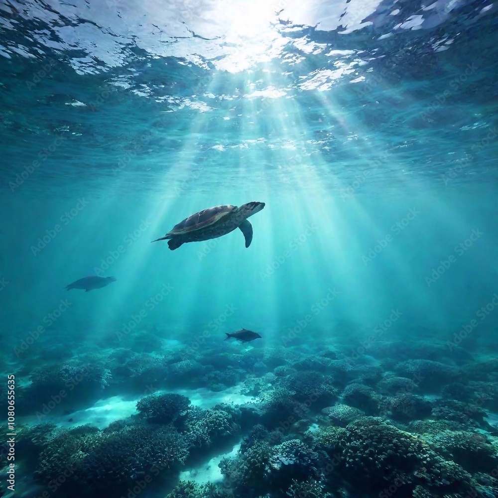 Obraz premium An artistic concept illustration depicting a deep-sea underwater view, featuring turtles, fishes, and whales gliding through the water as sunlight filters down from above. The perspective is a wide sh