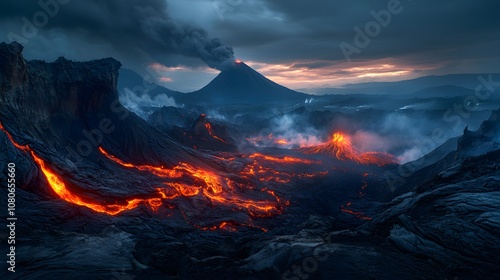 Erupting volcano with flowing lava at dusk.