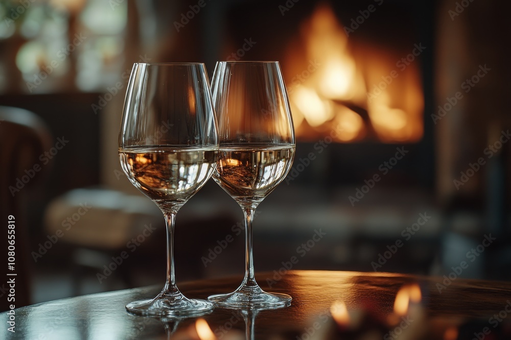 Two Glasses of White Wine with a Cozy Fireplace Background Two Glasses of White Wine with a Cozy Fireplace Background