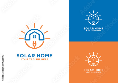 sun with house logo and electrical plug. solar energy and home design Icon Symbol sun logo with house logo. solar energy and home design brand template