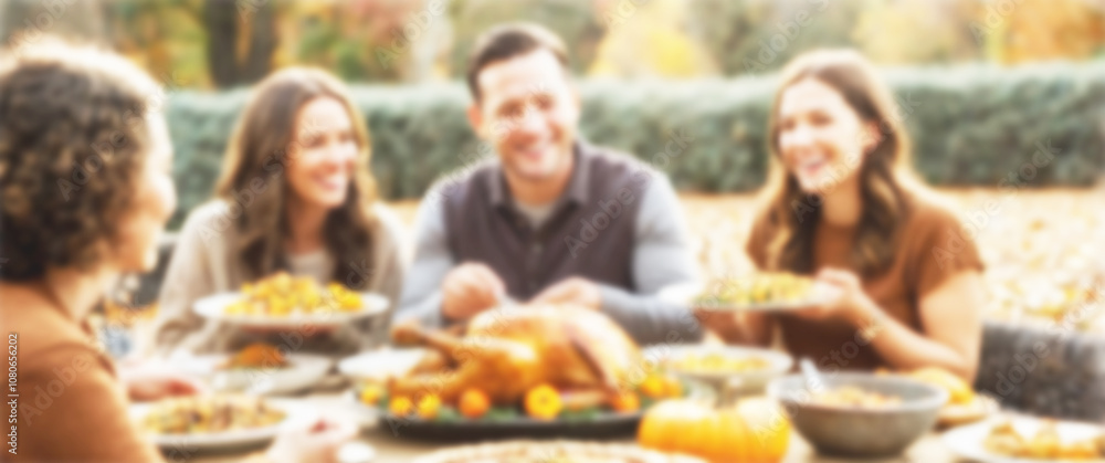 Blurred background of a stunning outdoor Thanksgiving spread, set against a backdrop of autumn foliage, thanksgiving day, food sharing Blurred background of a stunning outdoor Thanksgiving spread, set against a backdrop of autumn foliage, thanksgiving day, food sharing
