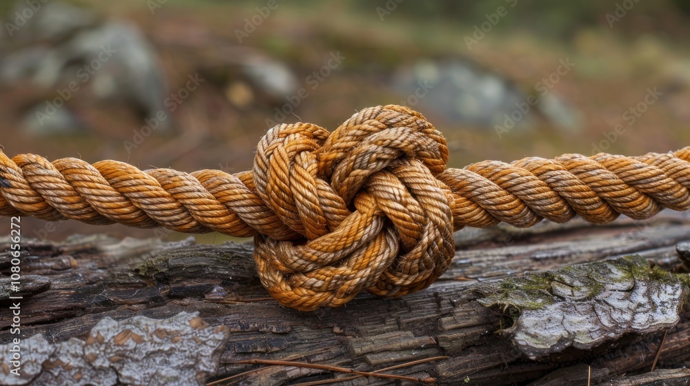 Fototapeta premium A close-up of a knotted rope tied around a weathered wooden log, against a blurred background of trees and rocks.